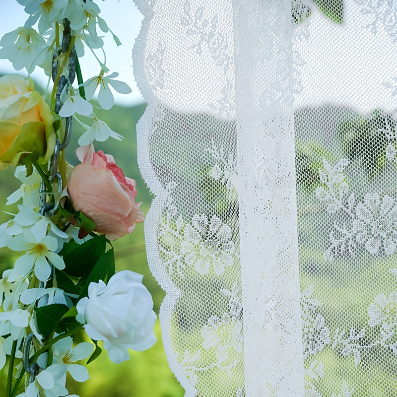 Romantic Pastoral Lace Sheer Curtain for Balcony and Office, Translucent Window Drapery with Floral Pattern, Machine Washable Polyester, Rod Pocket Design - 1pc