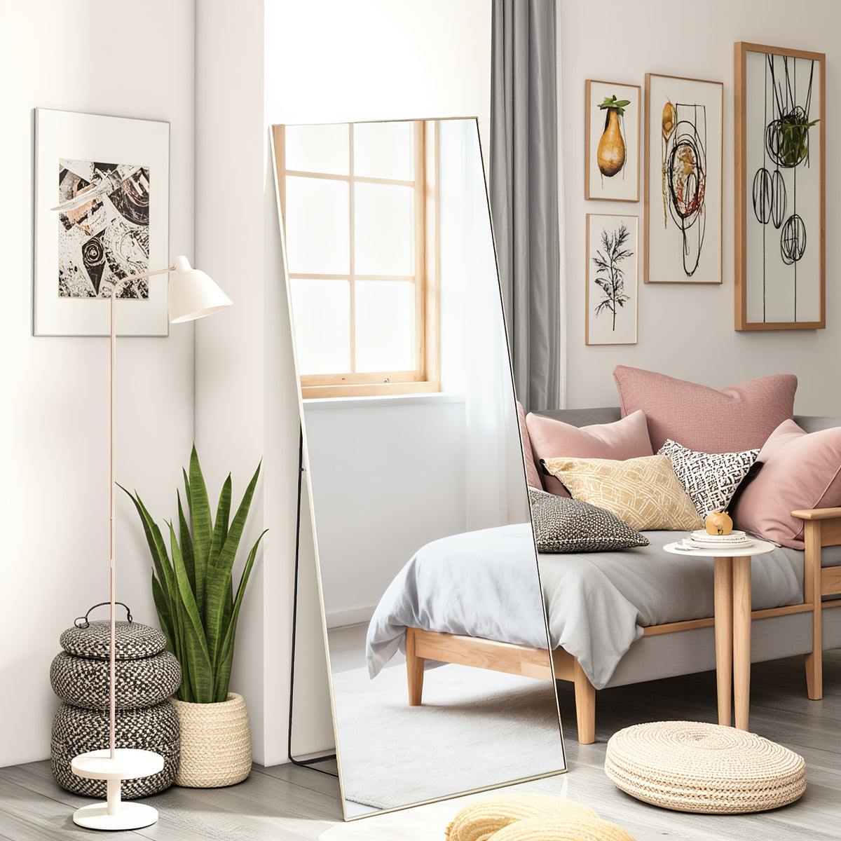 Arched/Rect Full Length Mirror, Full Body Mirror with Stand, Freestanding, Hanging or Leaning for Wall, Steel Alloy Thin Frame Floor Standing for Hotels and Bathrooms