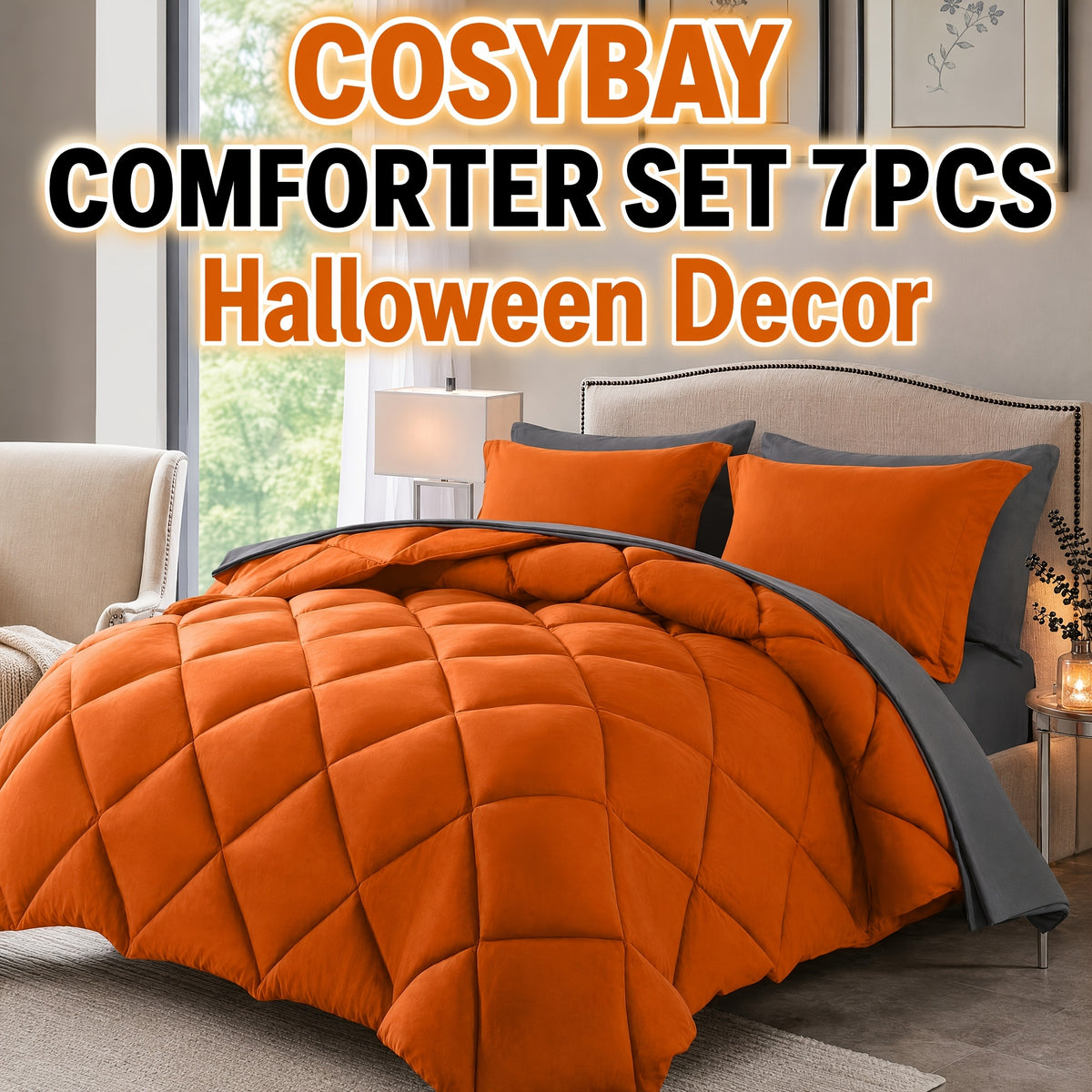 Cosybay 7 Piece Luxurious Comforter Set Queen/King/Full Size, Bed In A Bag Bedding Includes 1 Comforter, 1 Bed Sheet, 1 Fitted Sheet, 2 Pillowcases, 2 Pillow Shams, Soft Complete Bedding for Home Hotel, Perfect for Halloween Holiday, Birthday