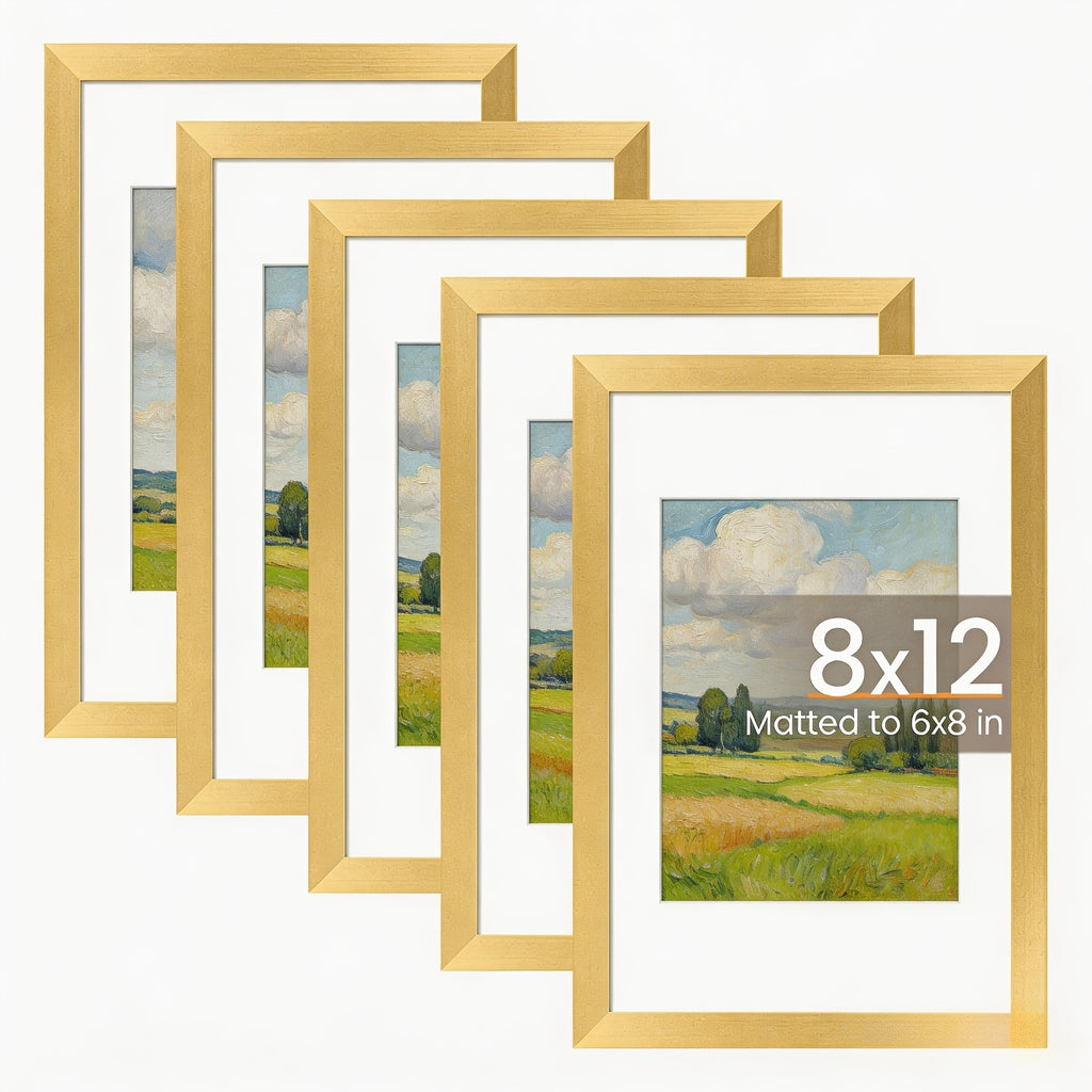 12x16 Picture Frame Set of 5, Display Pictures 8.5x11 with Mat or 12x16 Without Mat, Wall Gallery Photo Frames, 8×12/12×16 Inch, Golden