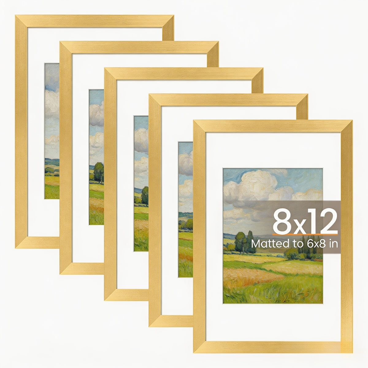 12x16 Picture Frame Set of 5, Display Pictures 8.5x11 with Mat or 12x16 Without Mat, Wall Gallery Photo Frames, 8×12/12×16 Inch, Golden