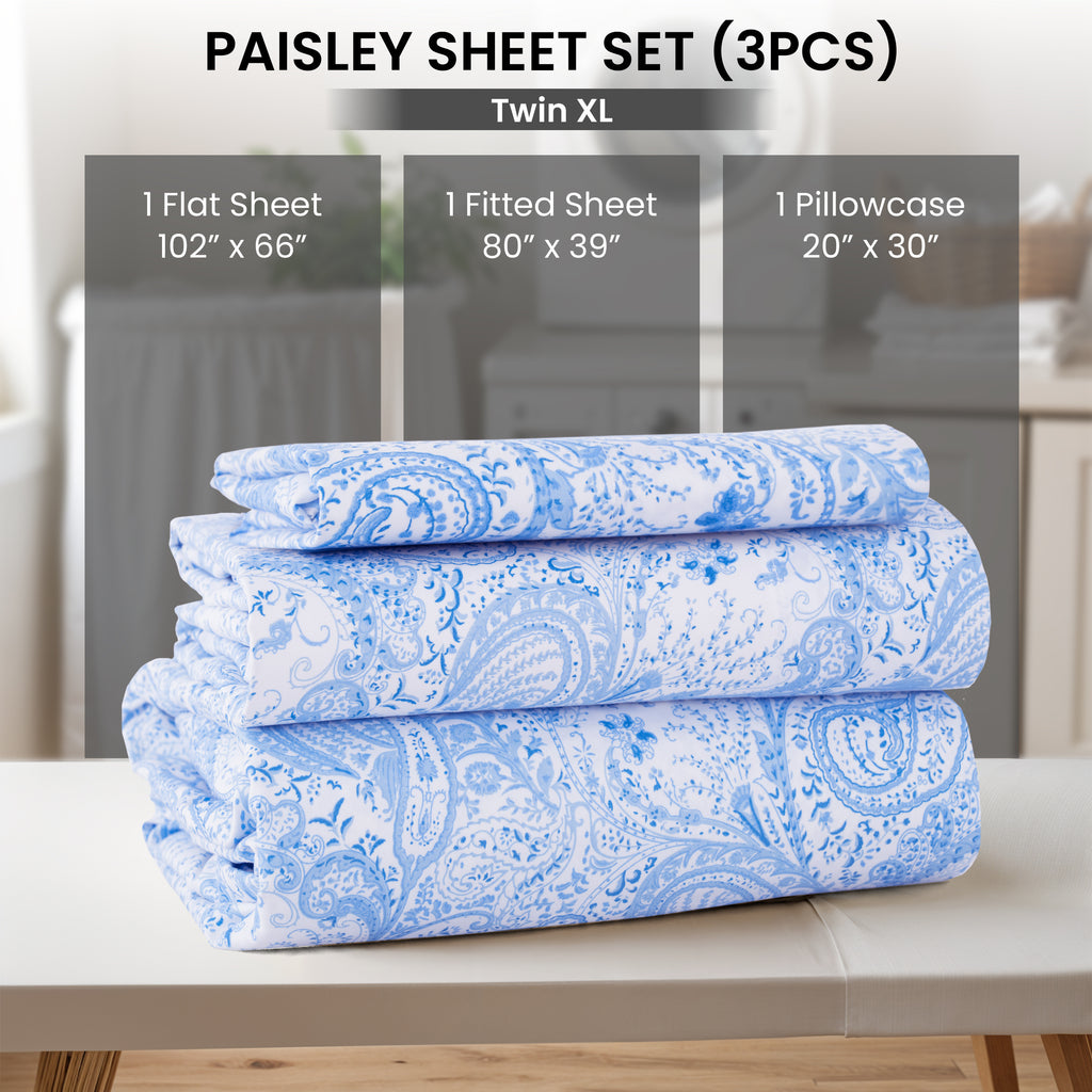Paisley Bed Sheet Set, Soft Double Brushed Microfiber Bedding with 16-Inch Deep Pocket Fitted Sheet and Pillowcases in Six Sizes for Bedroom Comfort