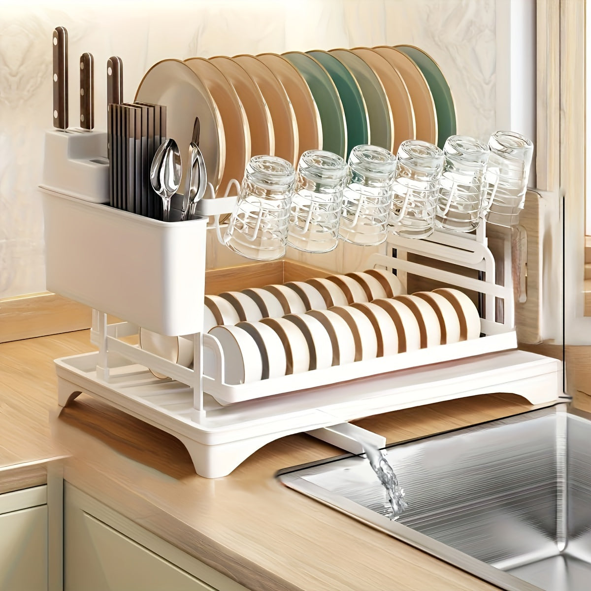2 Tier Dish Drying Rack for Kitchen Counter, Dish Drainers for Kitchen Counter with Drainboard, Metal Kitchen Dish Rack with Drain, Kitchen Drying Rack Two Tier, Black Dish Racks