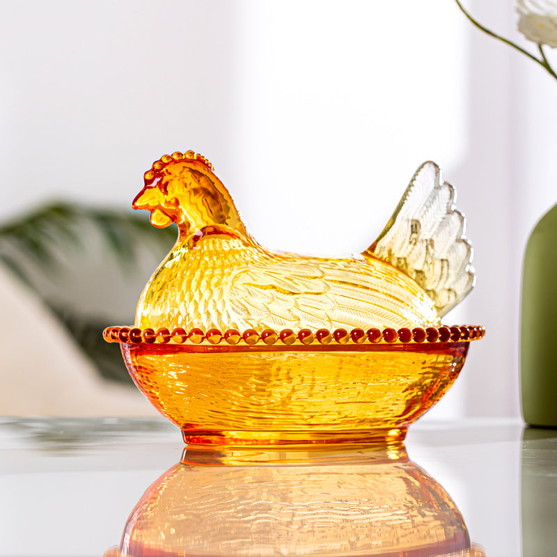 Glass Hen Candy Dish with Lid, Chicken Shaped Storage Jar in Orange, Colorful, Amber or Clear Options for Wrapped Treats, Jewelry and Table Decor