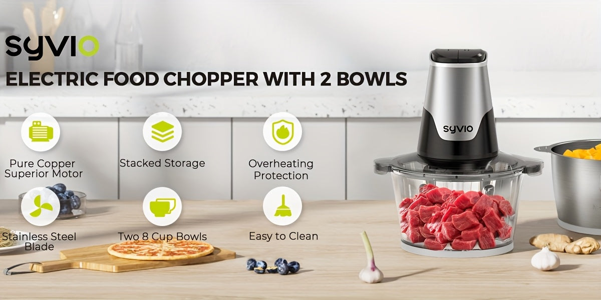 Syvio Food Processors with 2 Bowls, Meat Grinder 4 Bi-Level Blades, Mini Electric Food Chopper 450W, for Baby Food, Meat, Onion, Vegetable Chopper, 2 Speed, 8 Cup And 8 Cup, Christmas Gifts