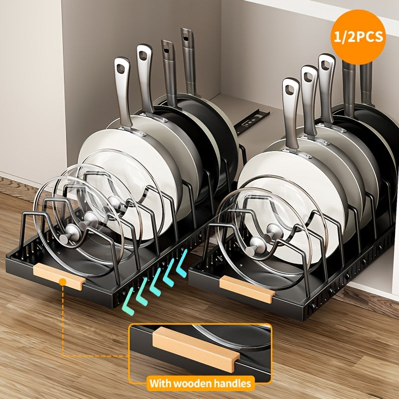 Pull-Out Pot Lid Organizer with Adjustable Dividers, Sliding Pan and Bakeware Storage Rack for Kitchen Cabinets, Black or White in 1 or 2 Packs