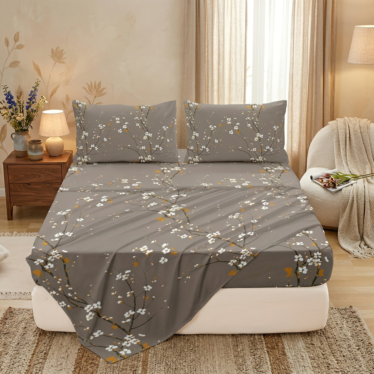 4pcs Multicolour Tree Branch Plum Blossom Sheet Protector Bed Sheet Pillowcase Four-piece Set (1 Bed Cap +1 Bed Sheet +2 Pillowcase Without Pillow Core), Deep Pocket In 15 Inch, Bedroom Dormitory High Definition Printing Room Decor