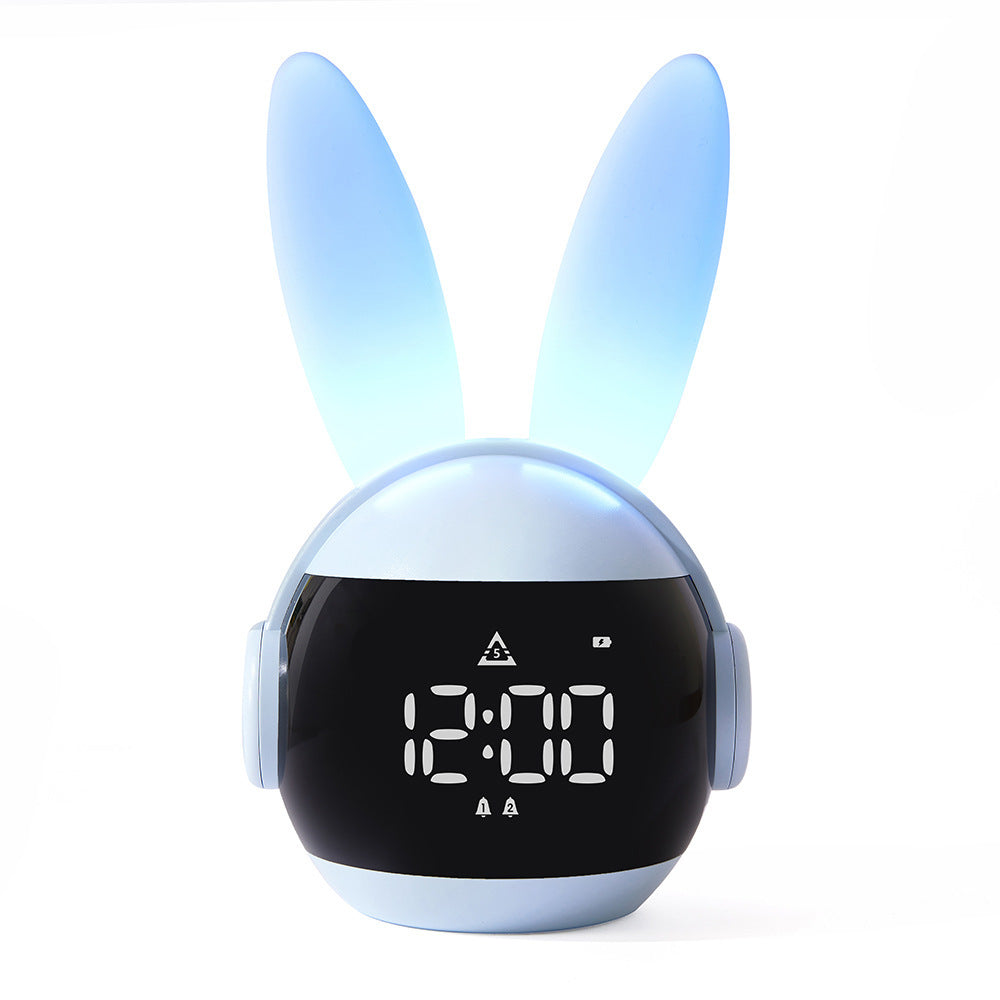 Rabbit Ear Alarm Clock with Dimmable Night Light, USB Rechargeable LED Digital Bedside Clock in Blue or Pink for Bedroom and Desk Decor