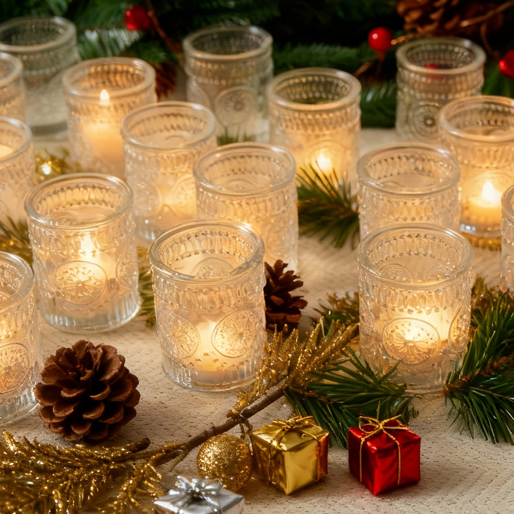 24/12/6pcs, Votive Candle Holders, For Christmas Decorations, Dinner Accessories For Holiday Party Tabletop Decor, For Weddings, Birthdays, Home Decor, Thanksgiving, Valentines Day, New Year, Hurricane Glass Candle Holders Bulk
