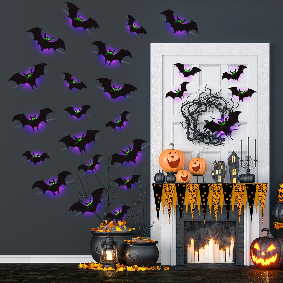 24 Packs Halloween Bats Decorations Wall Stickers with Glow in The Dark Eyes, 4 Different Styles Removable PVC Wall Bat Stickers for Indoor Outdoor Home Window Garage Decor Party Supplies