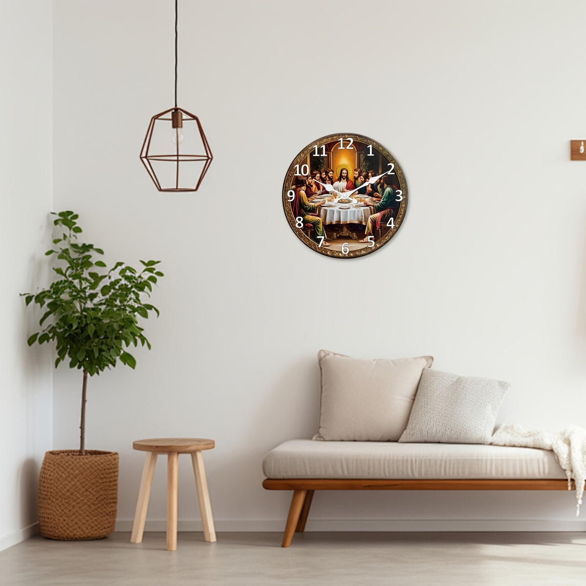 Religious Last Supper Wall Clock- Silent Non-Ticking Mute Clock& Disciples, Large Face, Golden Hands& Roman Numerals- Artificial Construction for