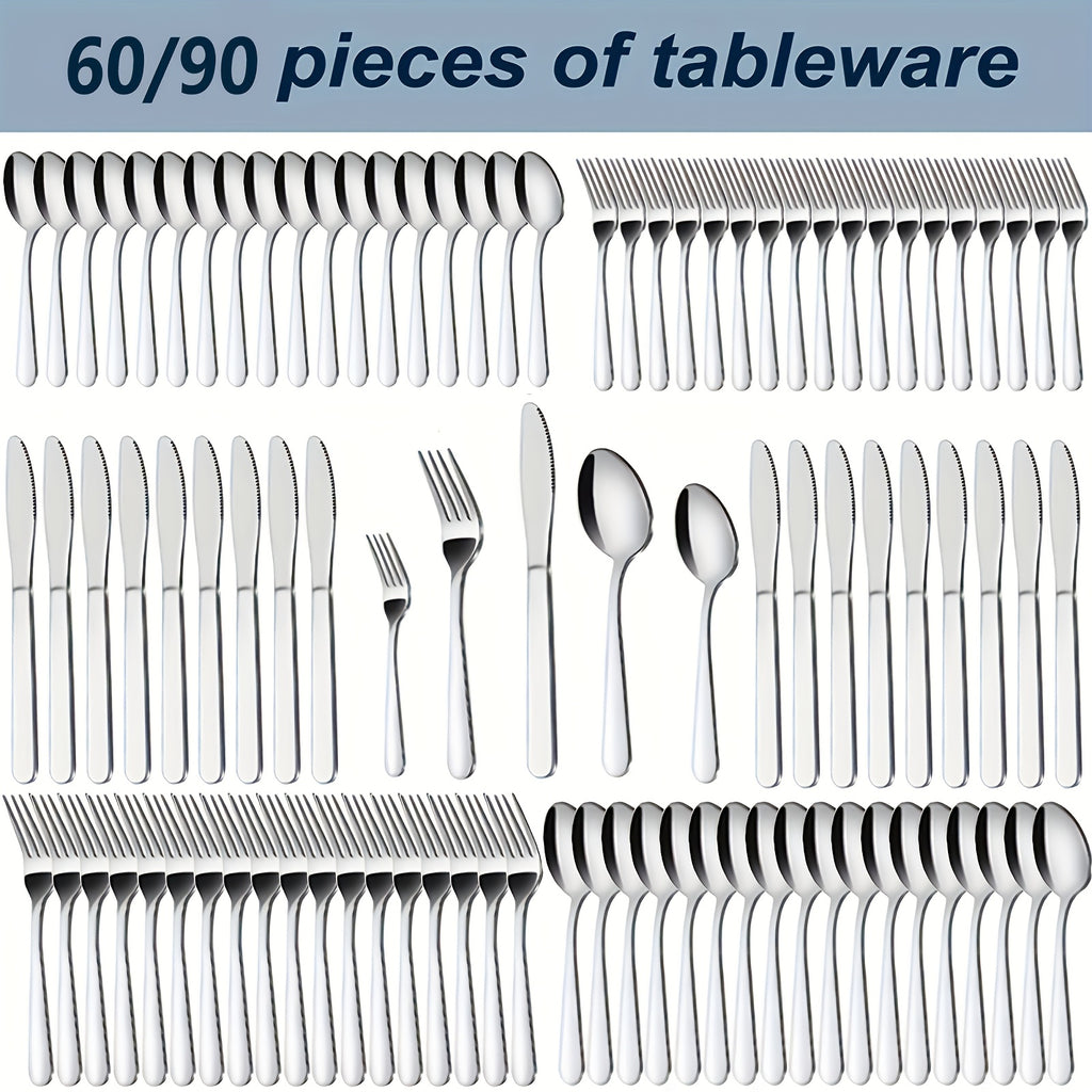 60/90pcs Stainless Steel Silverware Suitable for Multiple People to Use, Steak Knife, Salad Fork, Dessert Spoons, Cutlery Set with Gift Box, Kitchen Accessories, Home Outdoor, Wedding Camping Stuff, Halloween Party Gift, Dishwasher Safe