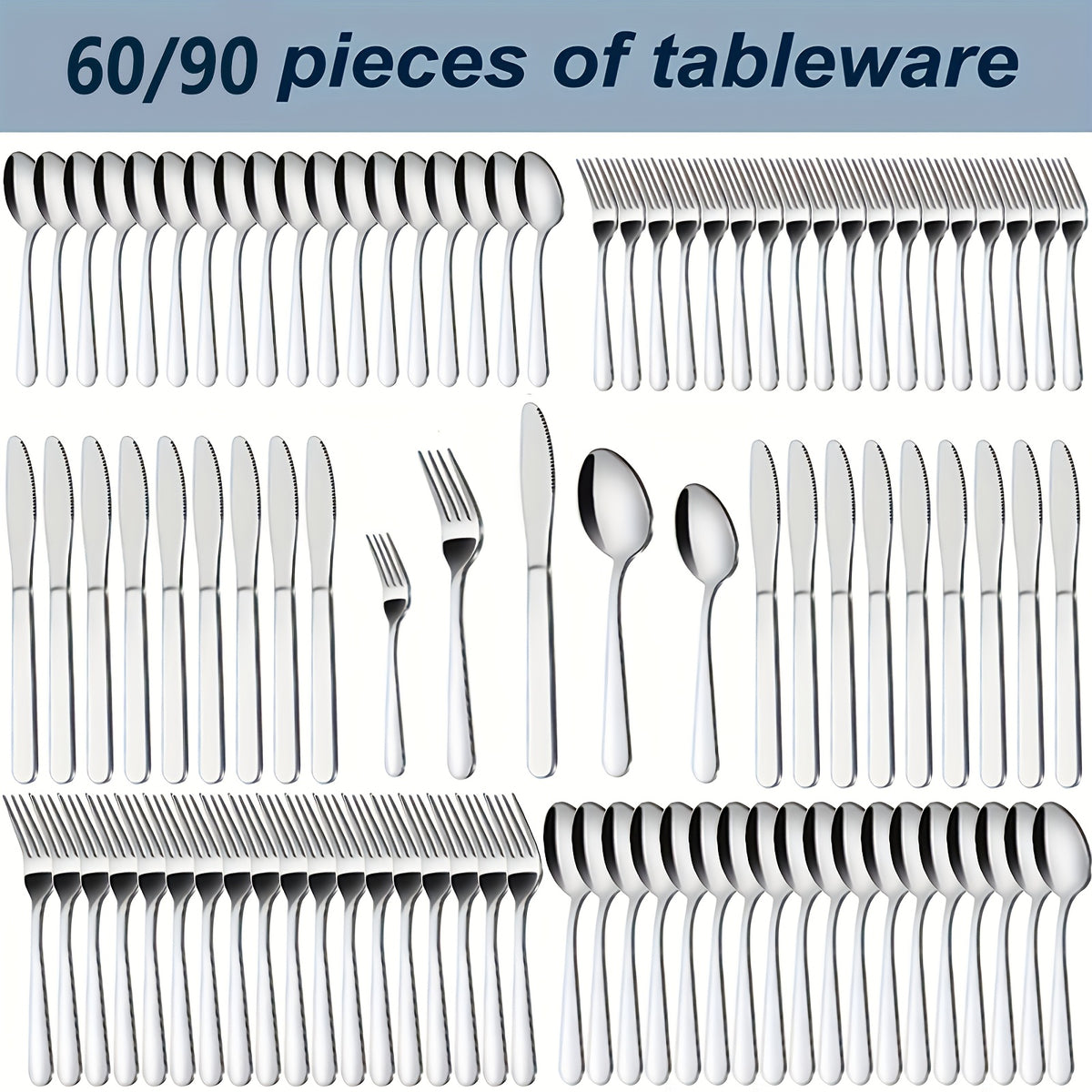 60/90pcs Stainless Steel Silverware Suitable for Multiple People to Use, Steak Knife, Salad Fork, Dessert Spoons, Cutlery Set with Gift Box, Kitchen Accessories, Home Outdoor, Wedding Camping Stuff, Halloween Party Gift, Dishwasher Safe