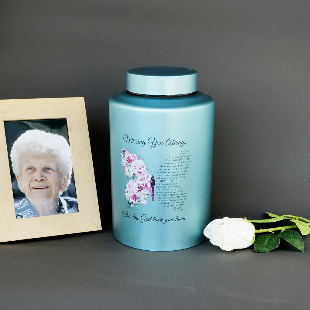 Large Stainless Steel Cremation Urn for Adult Ashes - Holds Up to 220 lbs, Decorative Butterfly Design with Velvet Pouch, Screw Lid & Seal Ring for Secure Storage, Memorial Keepsake | Elegant Text Design | Velvet Pouch Included