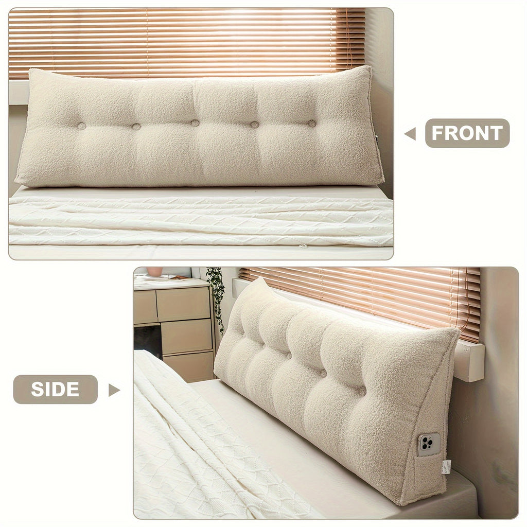 Headboard Reading Pillow, Triangular Teddy Velvet Backrest Cushion with Side Pocket and Removable Washable Cover for Twin, Queen and King Beds