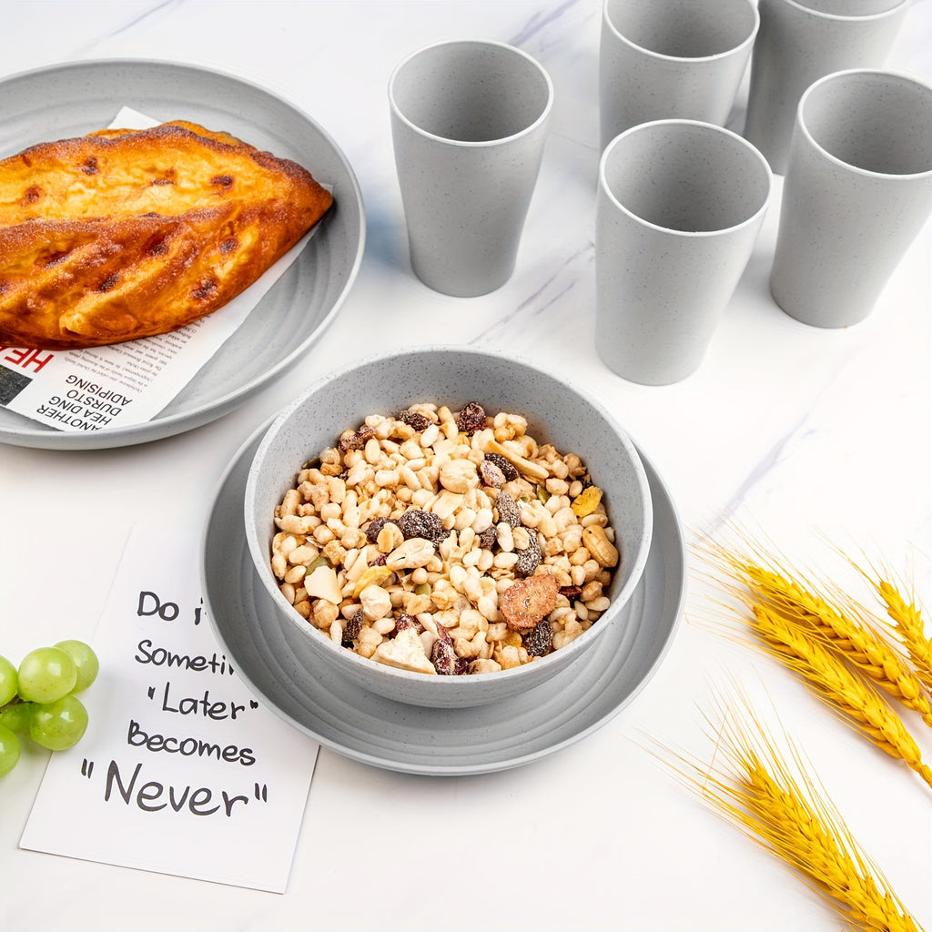 16/32pcs Kitchen Plastic Wheat Straw Tableware Set, 4/8 People, Plates, Dessert Plates, Cereal Bowls, Cups, Unbreakable, Lightweight Shatterproof for Camping/Daily Use/Parties/Weddings, Gift for Halloween/Christmas, Local Warehouse Item