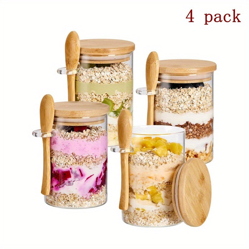 4/6pcs Dessert Bowl, Overnight Oats Containers with Lids, 18oz Overnight Oats Jars with Spoons, Salad Meal Prep Jar with Bamboo Lids for Chia Seed Pudding Salad Cereal Coffee Flour, Sourdough Starter Jar for Bread