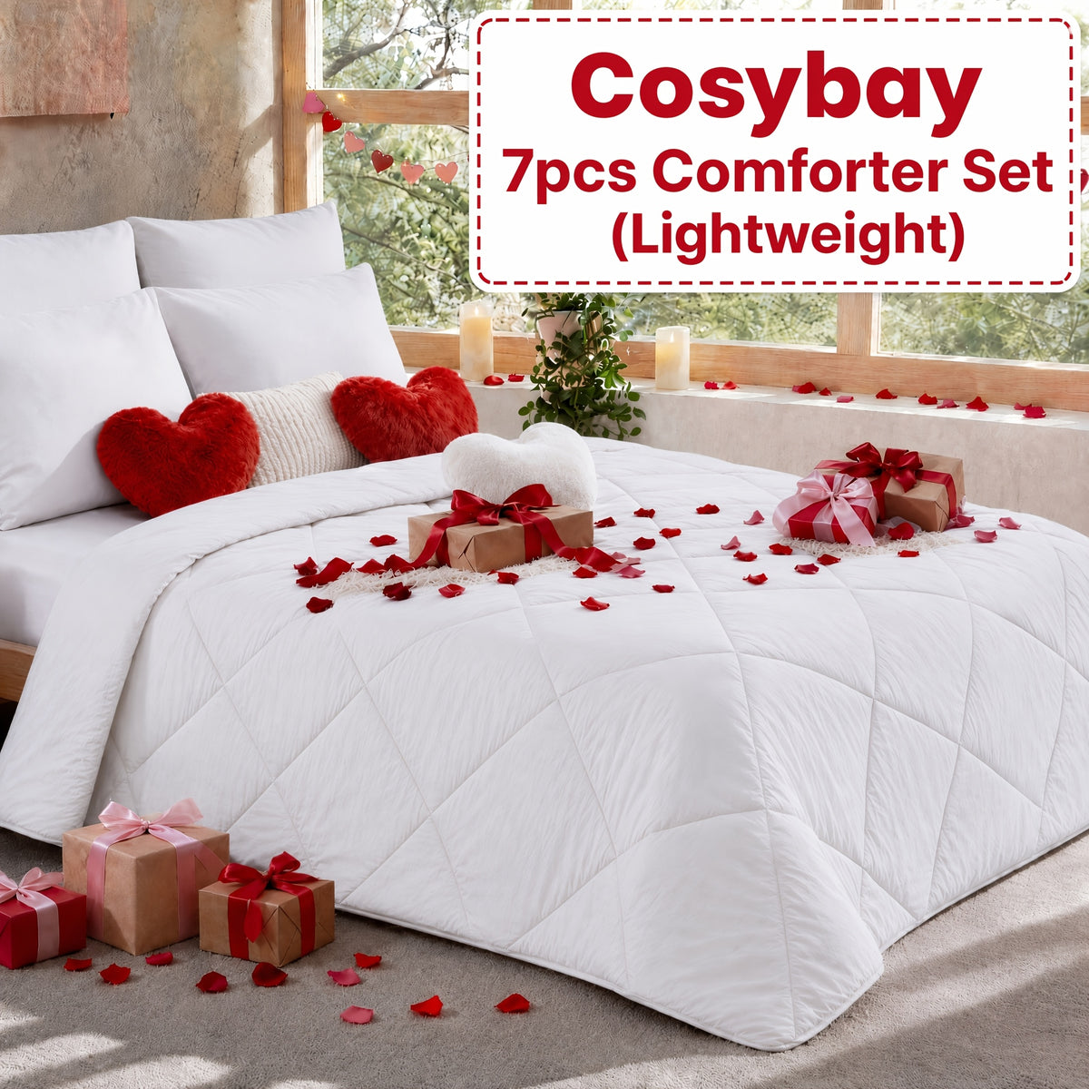 Cosybay 7 Piece Pinch Pleated Comforter Set Queen King Size, Luxury Soft Fluffy Bedding Includes 1 Comforter, 1 Extra Deep Pocket Fitted Sheet, 1 Flat Sheet, 4 Pillowcases & Pillow Covers, Perfect for Halloween Party, Holiday Celebrations & Birthday