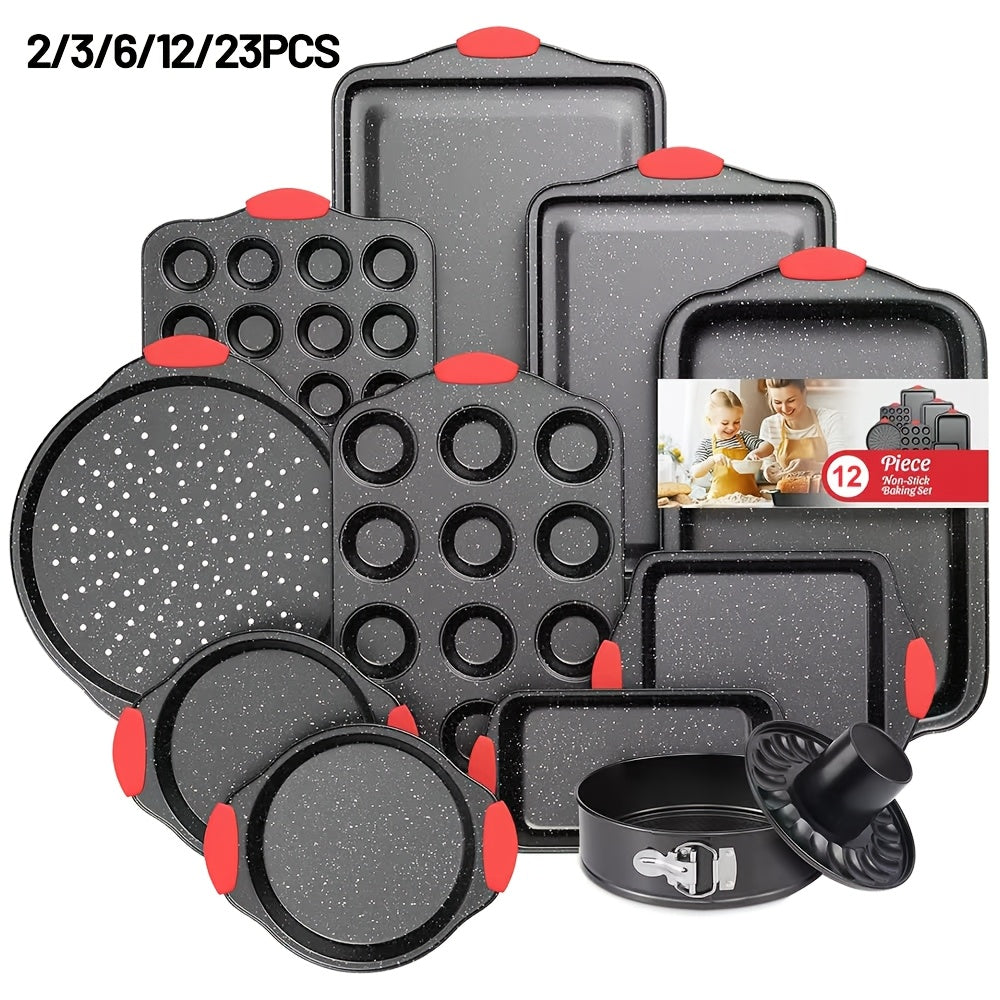 2/3/6/12/23pcs Non-Stick Baking Sheet Set, Assorted Size Cookie Trays with Orange & Blue Silicone Handles, in Gray, Black & Golden, Stackable Bakeware for Baking & Roasting