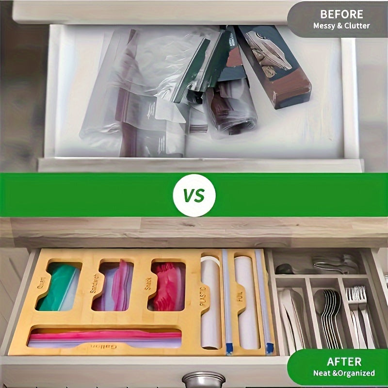 Bamboo Bag Organizer And Foil And Plastic Wrap Organizer Aluminum Foil Organization And Storage Plastic Wrap Dispenser with Cutter for Kitchen Drawer for Gallon Quart Sandwich Snack Kitchen Supplies
