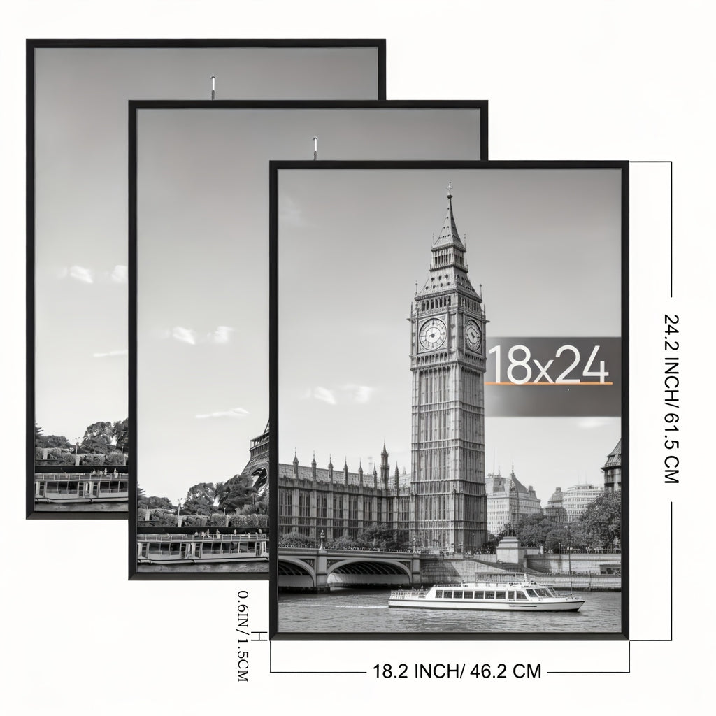 3 Pack 18x24 Black Picture Frame - Scratch-Proof Slide-In Frame with Horizontal/Vertical Wall or Tabletop Mount, Lightweight Plastic Poster Frames Suitable for Photos, Artwork, Movie Posters - Ideal Gift for, Office, Gallery