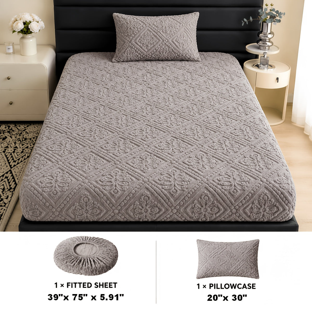 Embossed Fitted Sheet with Optional Pillowcases, Soft Deep Pocket Machine Washable Bedding in White, Gray, Khaki, Blue and Green for Twin Full Queen King