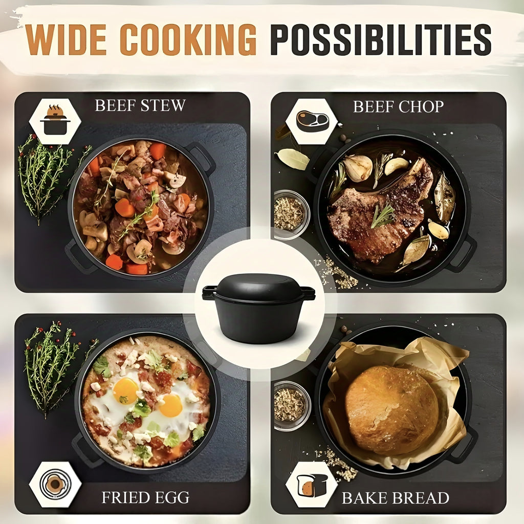 7QT Hand-built 2-in-1 Cast Iron Cookware Set (5.1QT Dutch Oven + 1.9QT Skillet) Dual-Purpose Holiday Cooking Kit For Stove, Induction, Oven, Campfire, With 2 Handles Outdoor BBQ &Indoor Make Sourdough Bread, Frying, Baking, Camping