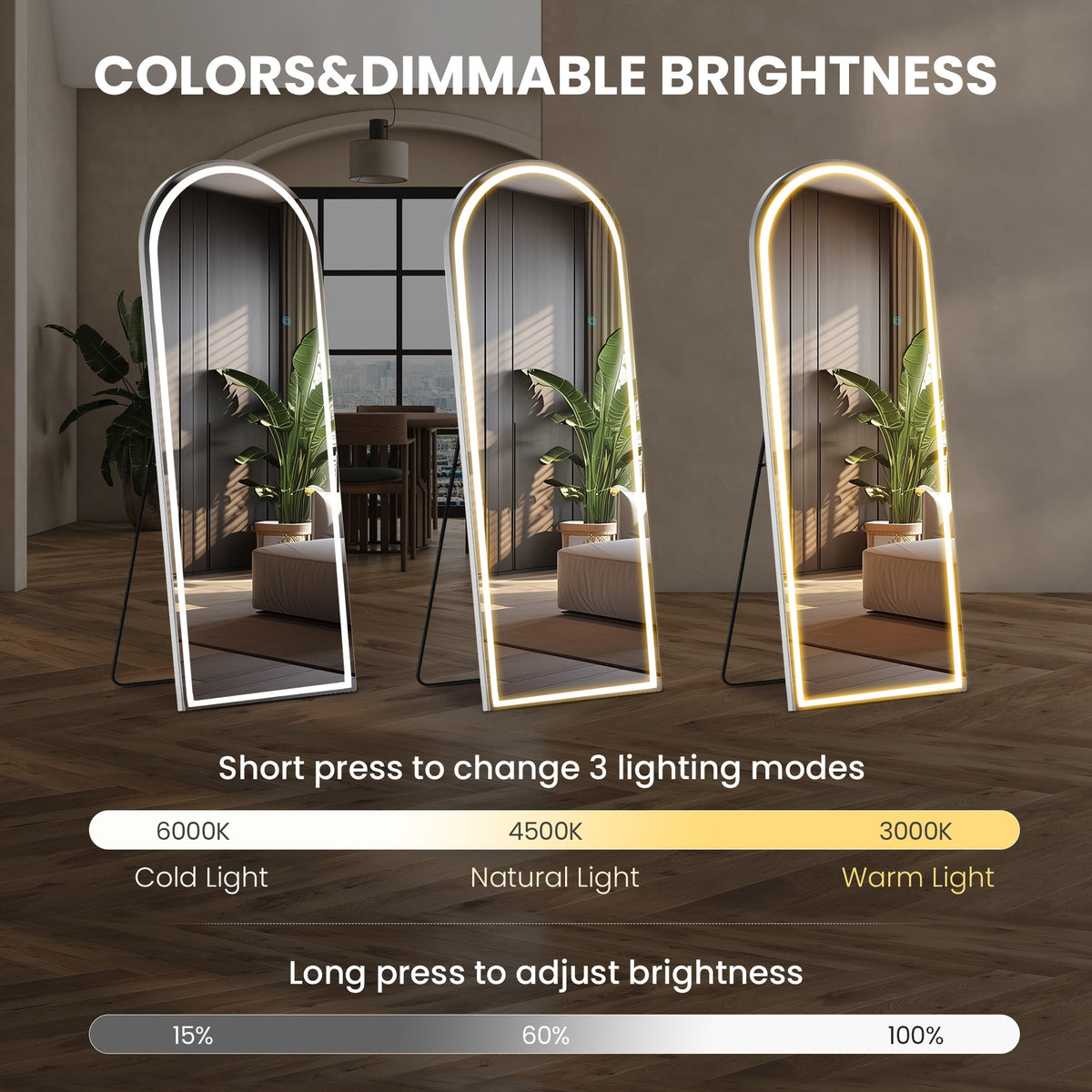 MCQ Arched/Rectangular LED Full Length Mirror, Full Body Floor Mirror Standing Hanging or Leaning Wall, Arch Wall Mirror with Stand Aluminum Alloy Thin Frame for Bedroom, Bathroom, Store
