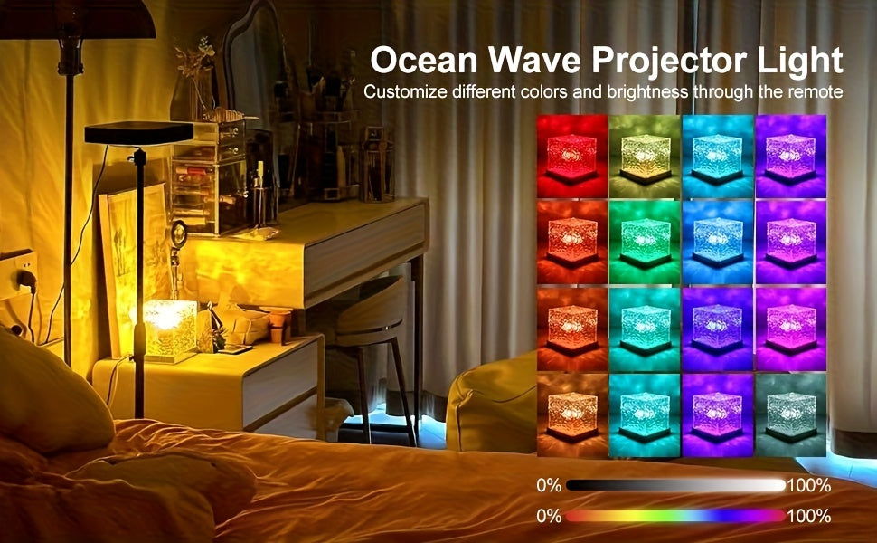 Ocean Wave Projector Light, 16-Color USB Plug-In Cube Lamp with Touch Switch for Water Ripple Bedroom Ambiance and Living Room Tabletop Decor