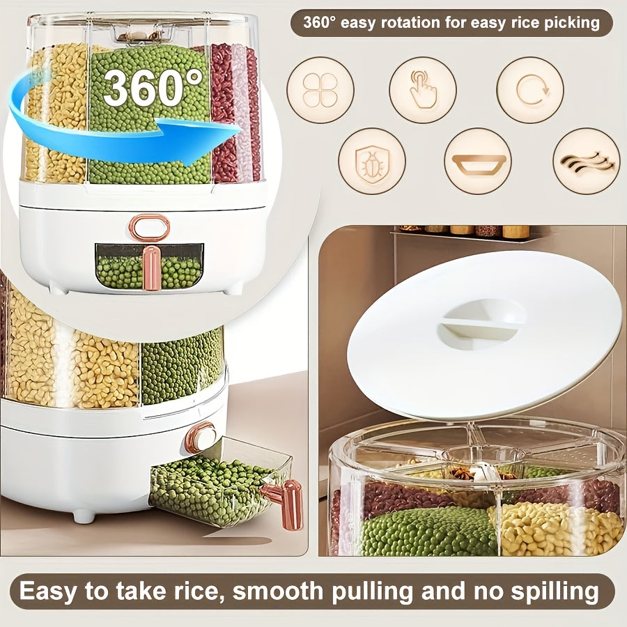 Rotating for rice Bucket | 6-Grid Cereal Dispenser, Large Capacity for rice Bucket | Airtight Dispenser with a Transparent Window, Features Moisture-Proof And Insect-Proof Design, Suitable for Rice, Cereals