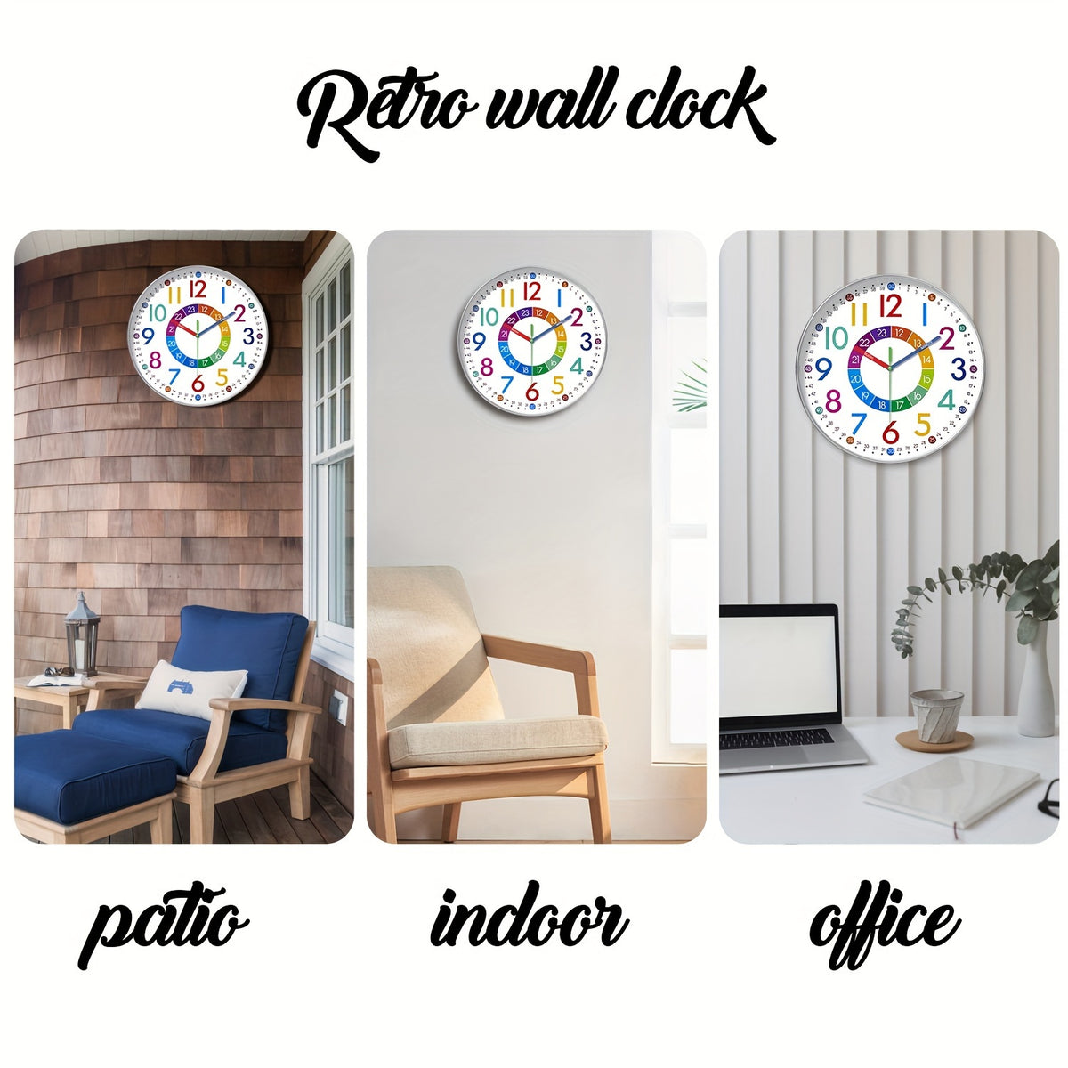 Learning Wall Clock for Kids, Colorful 8 10 or 12 Inch Time-Telling Teaching Clock with Silent Quartz Movement and Plastic Frame for Bedroom and Classroom