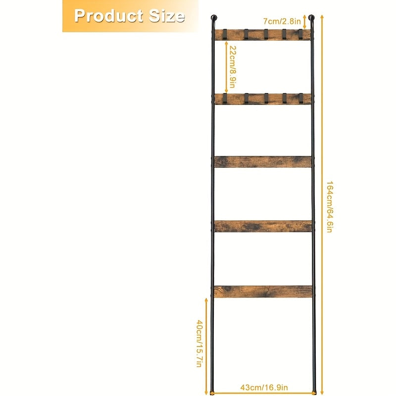 Blanket Ladder, 5 Tier Blanket Holder with 10 Removable Hooks, Farmhouse Style Blanket Ladder for Living Room Bathroom, Decorative Wall Mounted Wooden Quilt Standing Towel Drying Storage Rack, Towel Racks