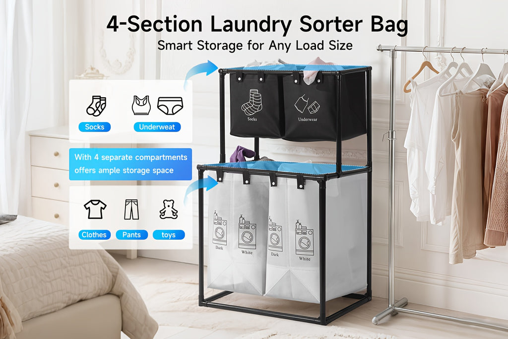 2 Compartment Laundry Hamper (No Wheels) - 2 Tier Laundry Sorter With Handles - Sturdy Metal Frame & Breathable Mesh Bags - Space Saving Clothes Organizer For Home, Apartment, Add 10 Cable Ties For Securing, Dirty Laundry Basket, Laundry Baskets