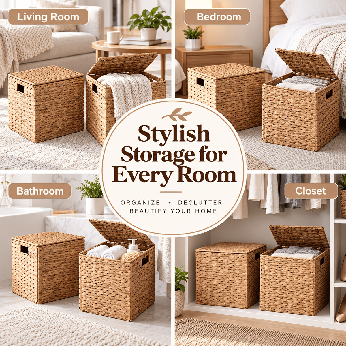 2pcs/4pcs Hyacinth Wicker Baskets Woven Baskets for Storage Baskets for Shelves Water Hyacinth Wicker Storage Basket Square Cub Natural Rattan Basket for Towels, S, Magazines and Kitchen Organizati, Shelf Baskets