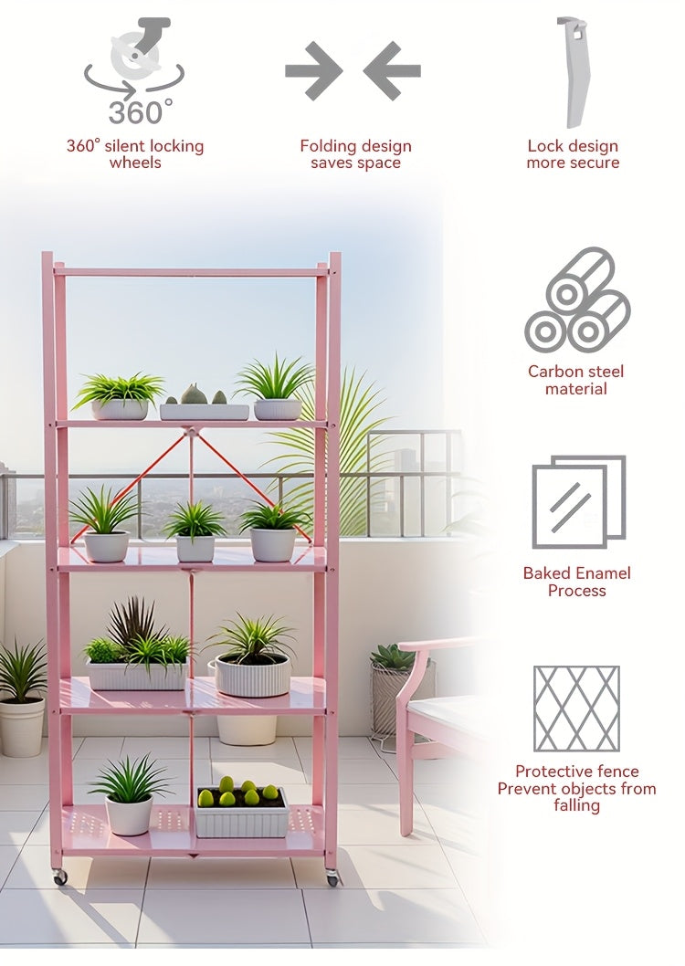 No-Assembly Rolling Storage Rack, 3 4 or 5 Tier Folding Metal Shelves with Locking Wheels in Pink, Green, Black or White for Kitchen and Dorm Organization