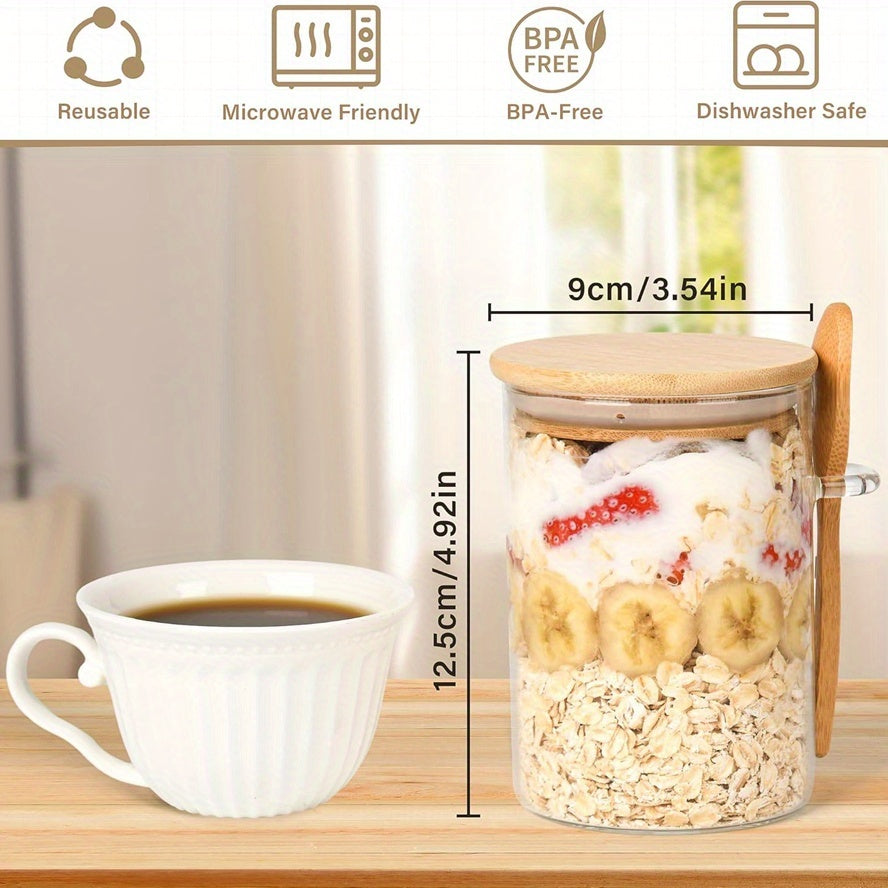 4/6pcs Dessert Bowl, Overnight Oats Containers with Lids, 18oz Overnight Oats Jars with Spoons, Salad Meal Prep Jar with Bamboo Lids for Chia Seed Pudding Salad Cereal Coffee Flour, Sourdough Starter Jar for Bread