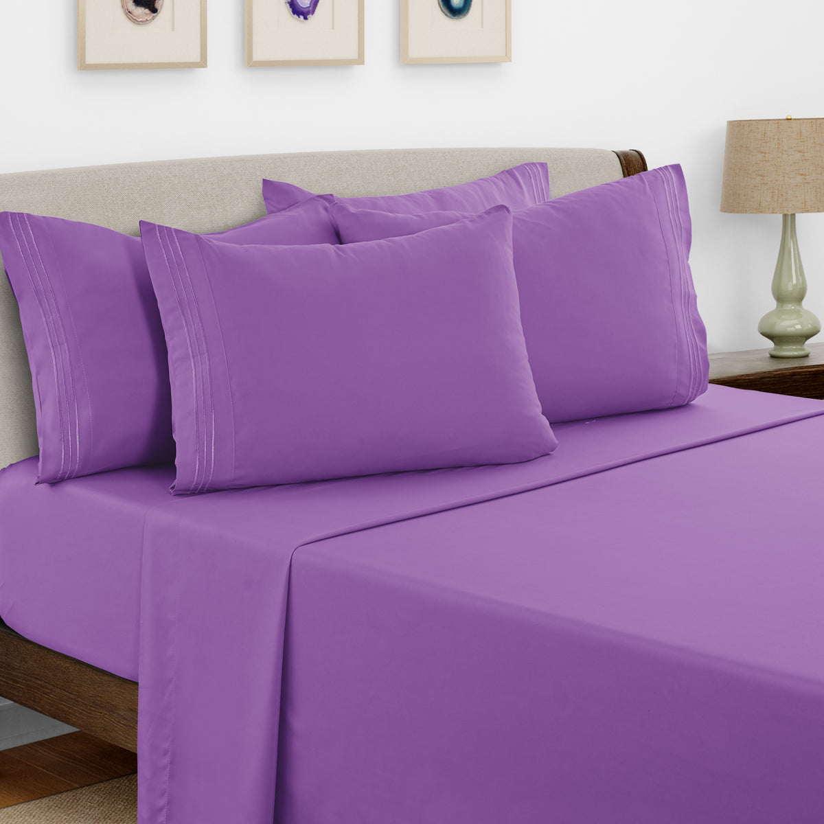Lux Decor 6 Pieces Solid Bed Sheets Set - Modern Soft Comfortable Bedding Set, Hotel Luxury Skin Friendly Cooling Sheets & Embroidered Pillowcases Without Filler - All Seasons Bed Sheet with 16 Inches deep Pocket, Breathable Skin Friendly & Cooling Sheets
