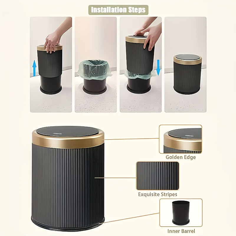 1pc 3.17gal Luxury Large Capacity Push-Lid Trash Can, Dual Inner Buckets, Bathroom Trash Can, Odor-Sealing Oval Garbage Bin, Modern Plastic Waste Container for Kitchen, Bedroom, Living Room, Bathroom. Gifts for Labor Day, Halloween, And Christmas