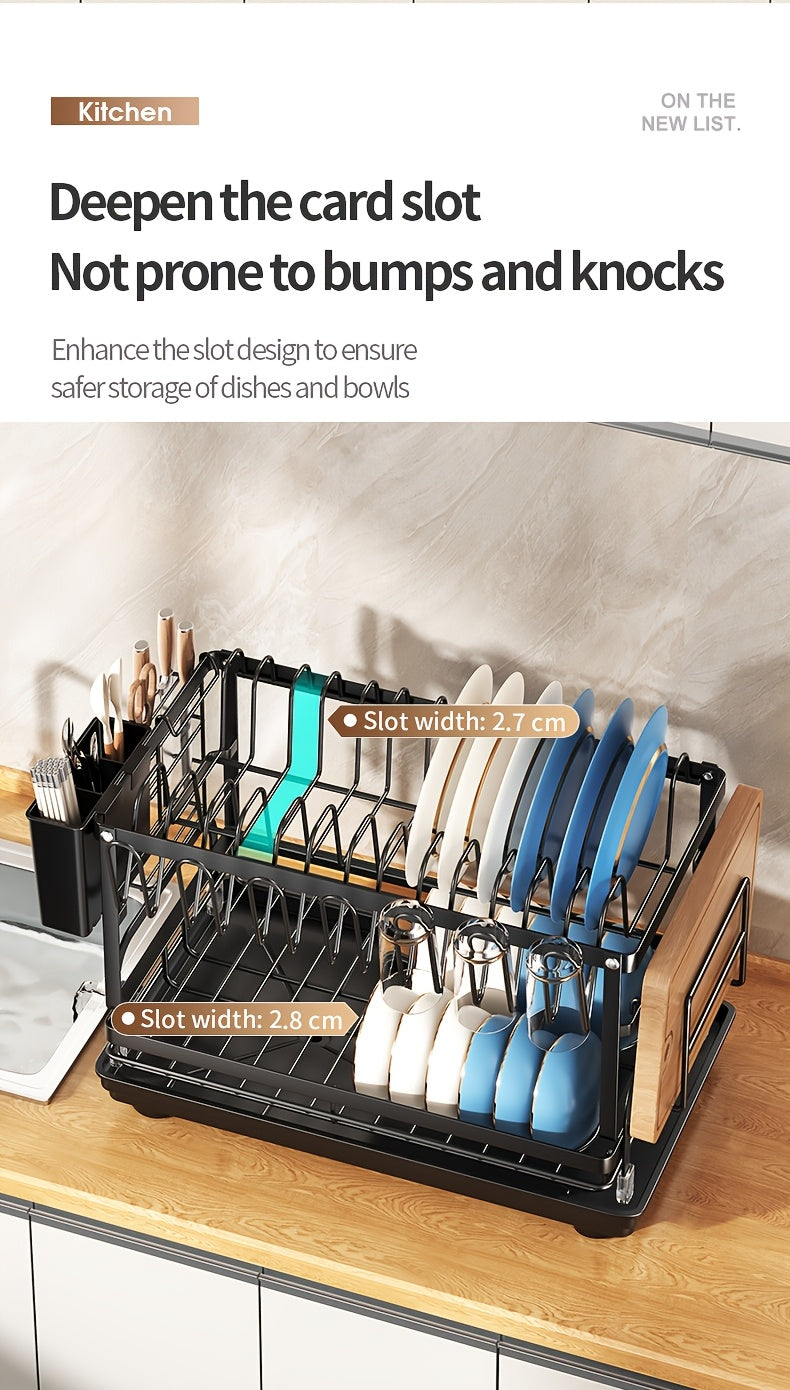 Two-tier Metal Kitchen Countertop Dish Rack Is Space-saving And Durable. It Comes with A Knife And Fork Holder, A Cup Rack, A Cutting Board Holder, And A Rust-proof Draining Tray. It Organizes Your Tableware And Helps Keep Your Kitchen Neat And Tidy.