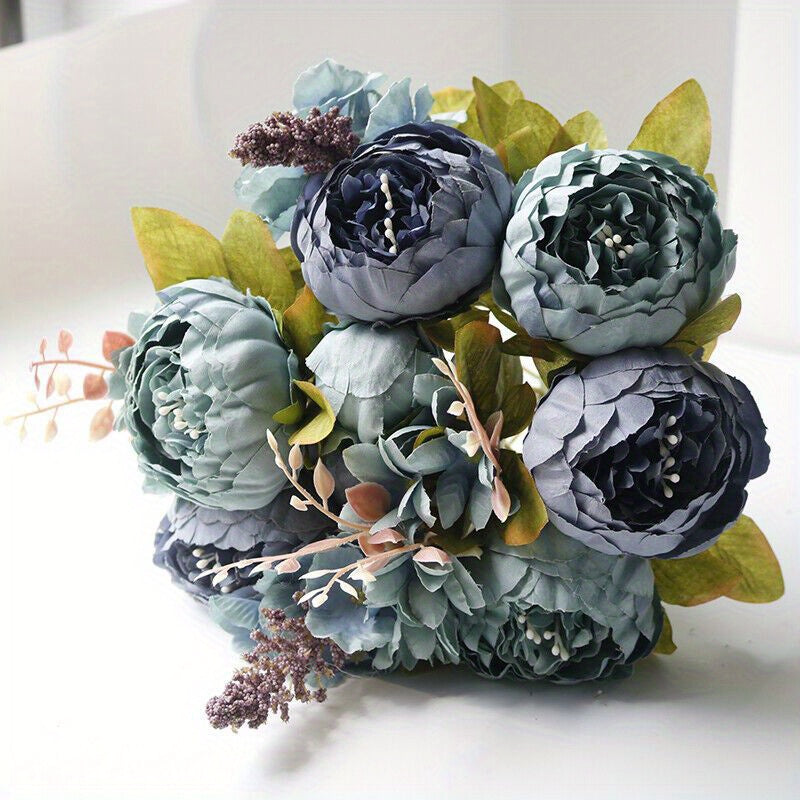 Artificial Peony Bouquet with 13 Flower Heads and Green Foliage, Colorful Faux Blooms for Wedding Centerpieces, Home Vases and Office Decor