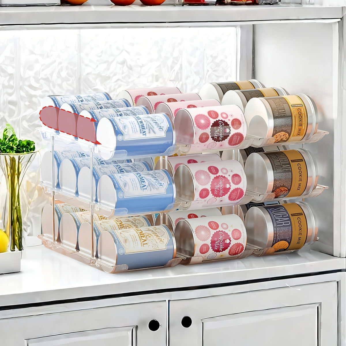 Pantry Can Storage Rack - Holds 36 Cans (3 Tiers/3pcs), Auto-Rolling Stackable Can Storage Rack - Transparent PET Material, Suitable for Soda, Soup, Vegetable Cans - Kitchen, Garage, Dorm Closet Organizer - Tool-Free Easy Assembly.