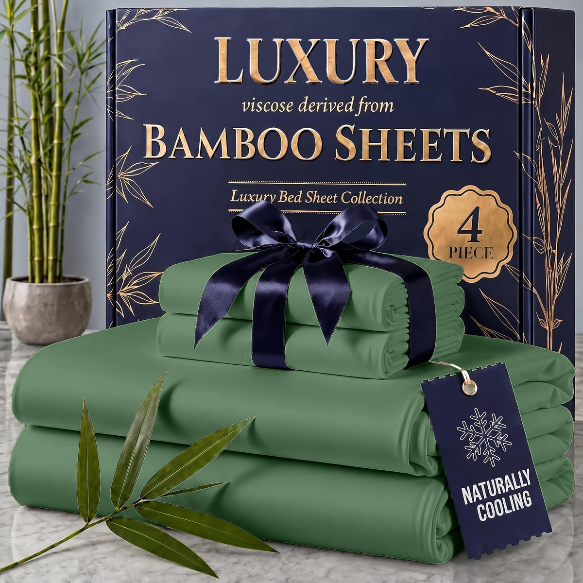 4pcs Cooling Bamboo Blend Sheet Set, Breathable Soft Sheets for Hot Sleepers, 14-Inch Deep Pocket, Twin/Full/Queen/King, Kids Room Decor, Christmas Holiday Home Decor
