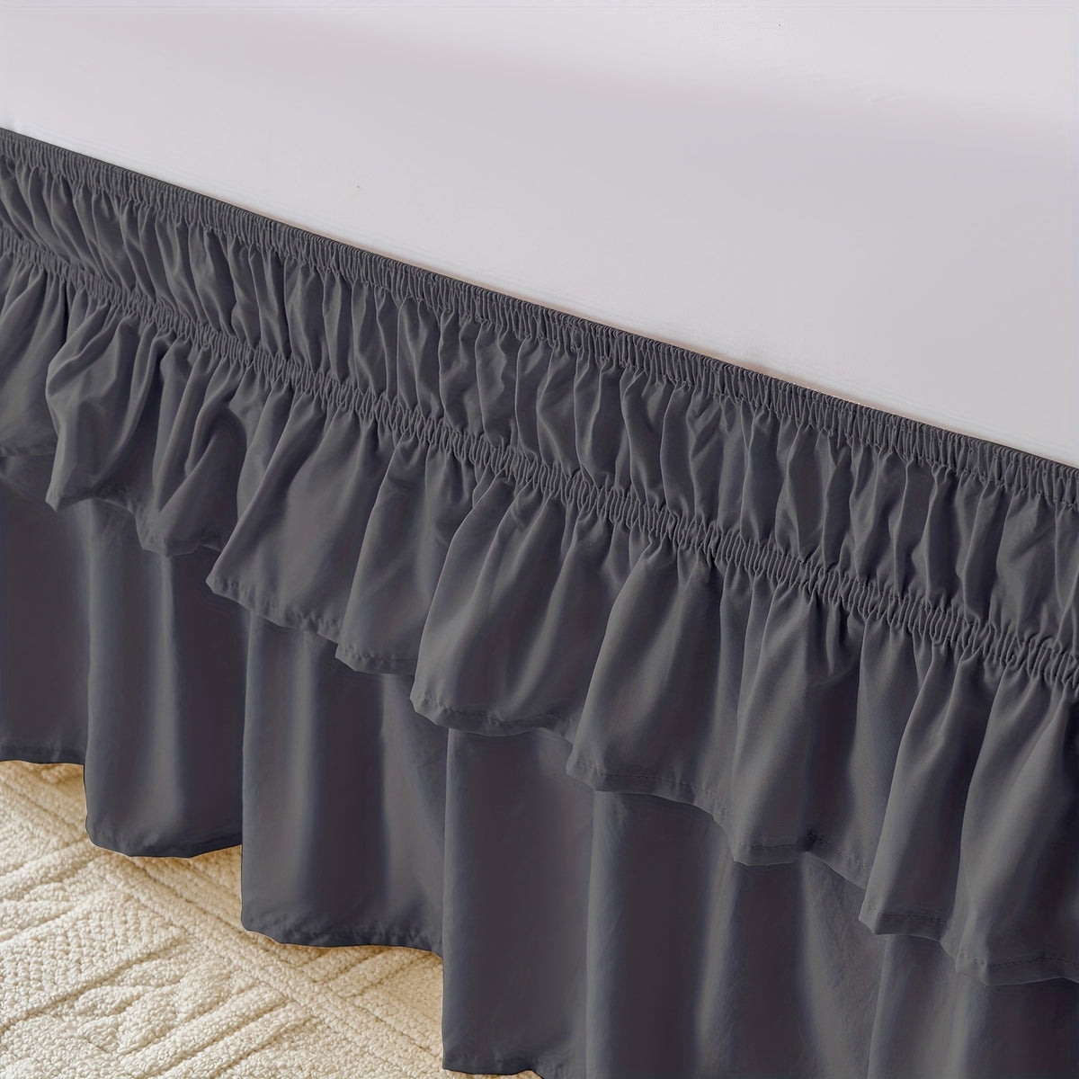 Double Ruffle Bed Skirt 16 Inch Drop, Elastic Wrap Around Bed Skirts For Twin Full Queen King Size Bed, Easy To Install Dust Ruffle, Machine Washable Soft Fabric, Multi Ruffle Bedskirt For Bedroom Bedding Home Decor