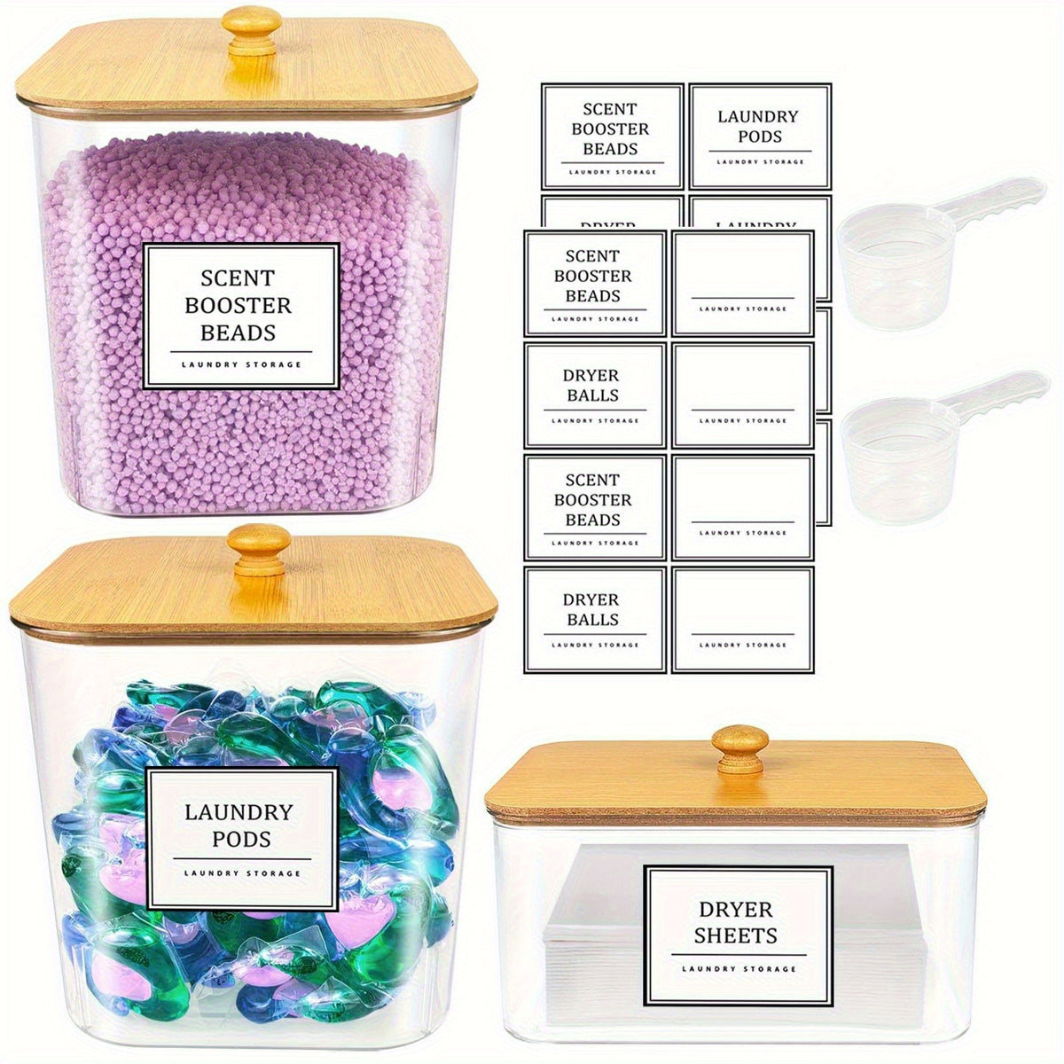 2/3/4+1 Pack Laundry Organization And Storage And Dryer Sheet Holder Set, Clear Laundry Room Organization Containers with Bamboo Lids And Labels, Laundry Pods Holder for Scent Booster, Powder, Pod