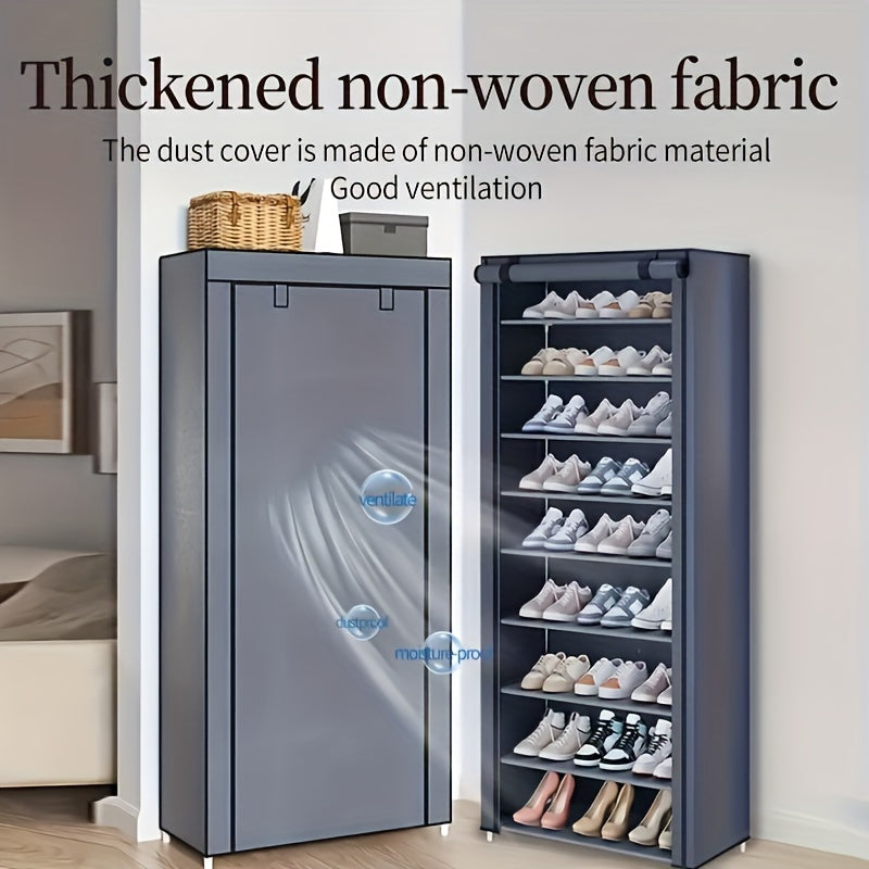 Shoe Cabinet with Dust Cover, 10 Layer Nonwoven Shoe Storage Rack in Grey or Black, Portable Organizer for Entryway Home and Dormitory Footwear Storage