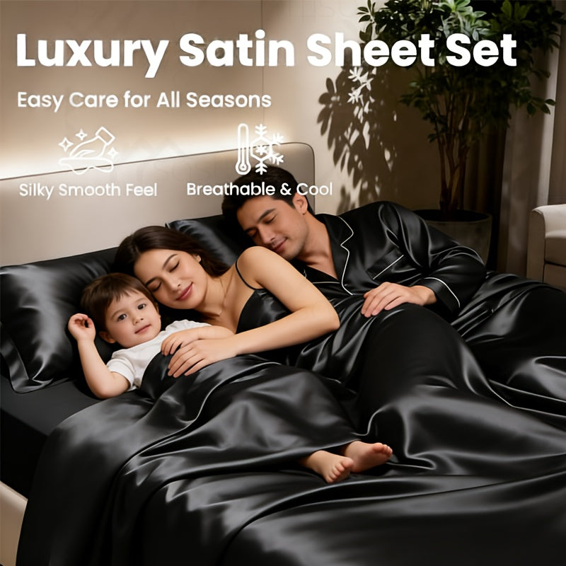 3/4pcs 2100TC Satin Sheets Queen Size Bed Set-Child Satin Bed Sheets Ultra Soft Satin Sheets Queen Set, Breathalbe Satin Bed Sheets Bed Sheets All Sizes Soft Satin Bedding for Bedroom 5 Star Luxury Hotel Experience W/ The Premium Satin Sheets