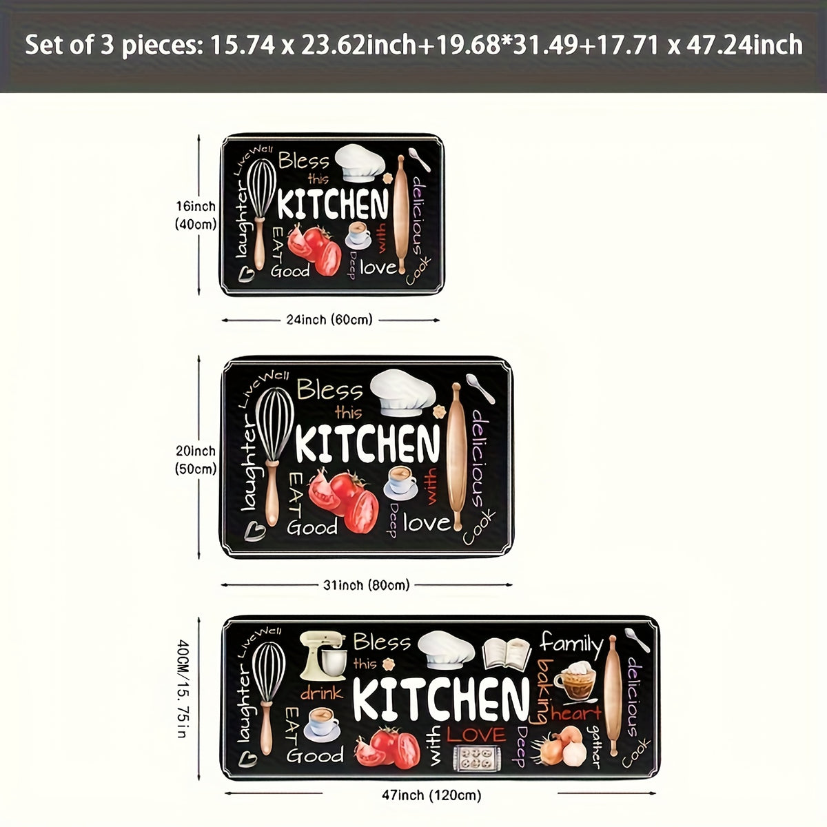 3pcs Set Of Kitchen Floor Mats, Designed with Colorful Fonts And Tableware, Soft And Comfortable, Easy to Clean, Suitable for Kitchen, Bathroom, Living Room, Home Essentials, Gifts for Family And Friend, Kitchen Accessories, Halloween Decorations