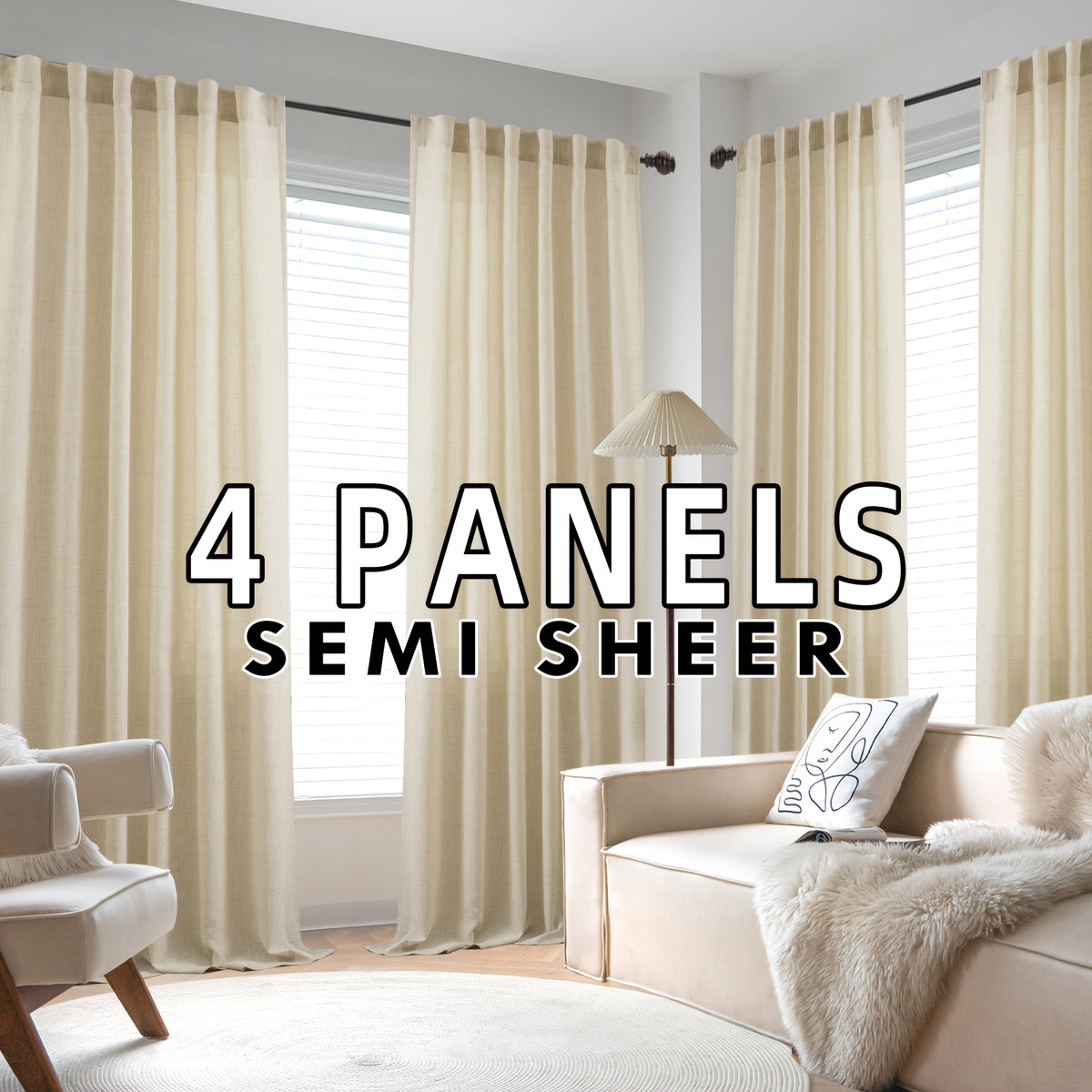 4 Panels Natural Linen Curtains for Living Room Semi Sheer Farmhouse Real Flax Rod Pocket Back Tab Boho Rustic Light Filtering Window Drapes for Bedroom Privacy Assured