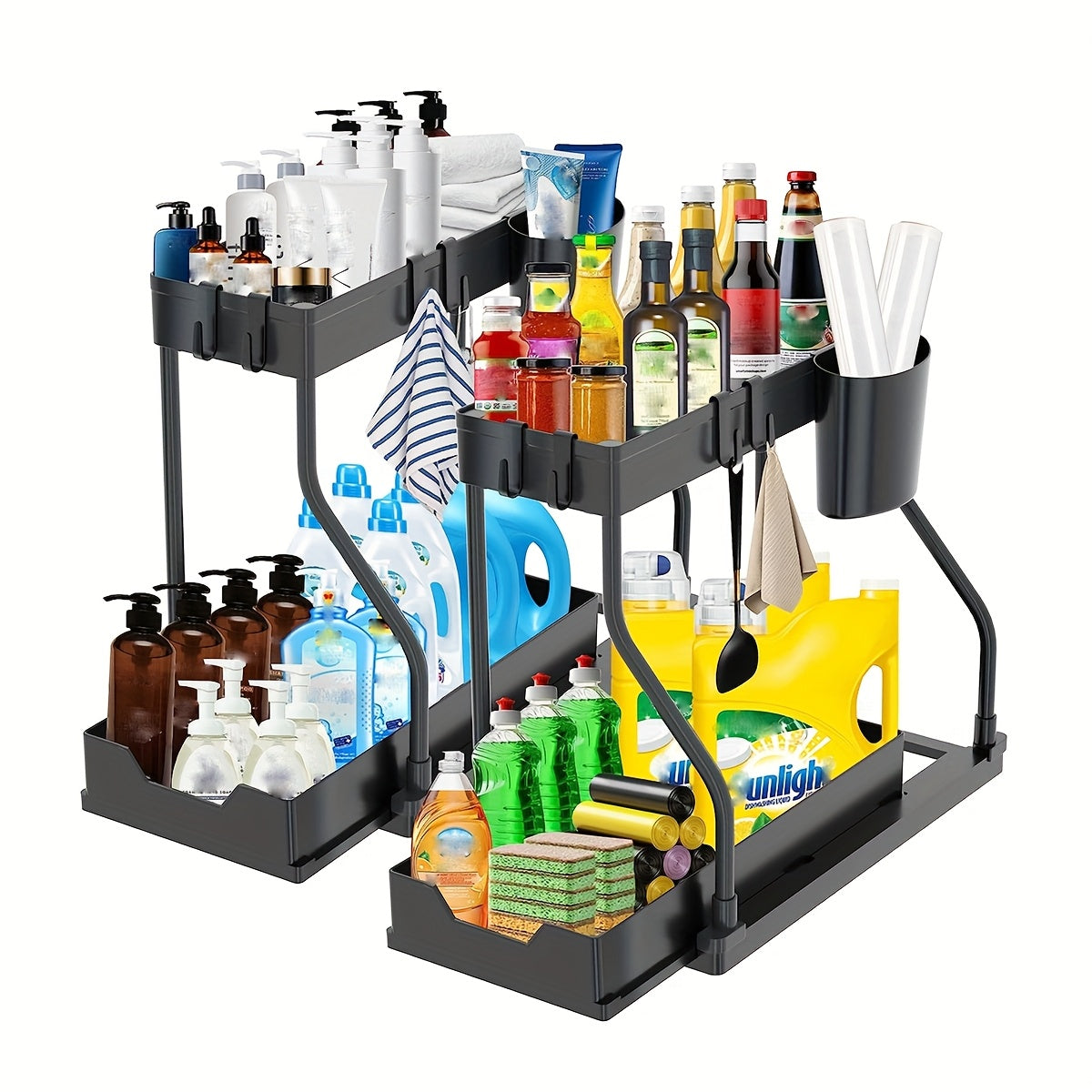 2pcs Under Sink Organizer with Sliding Shelves - Durable Pull-Out Cabinet Organizer for Bathroom & Kitchen, Space-Saving Storage Solution, Sleek Design