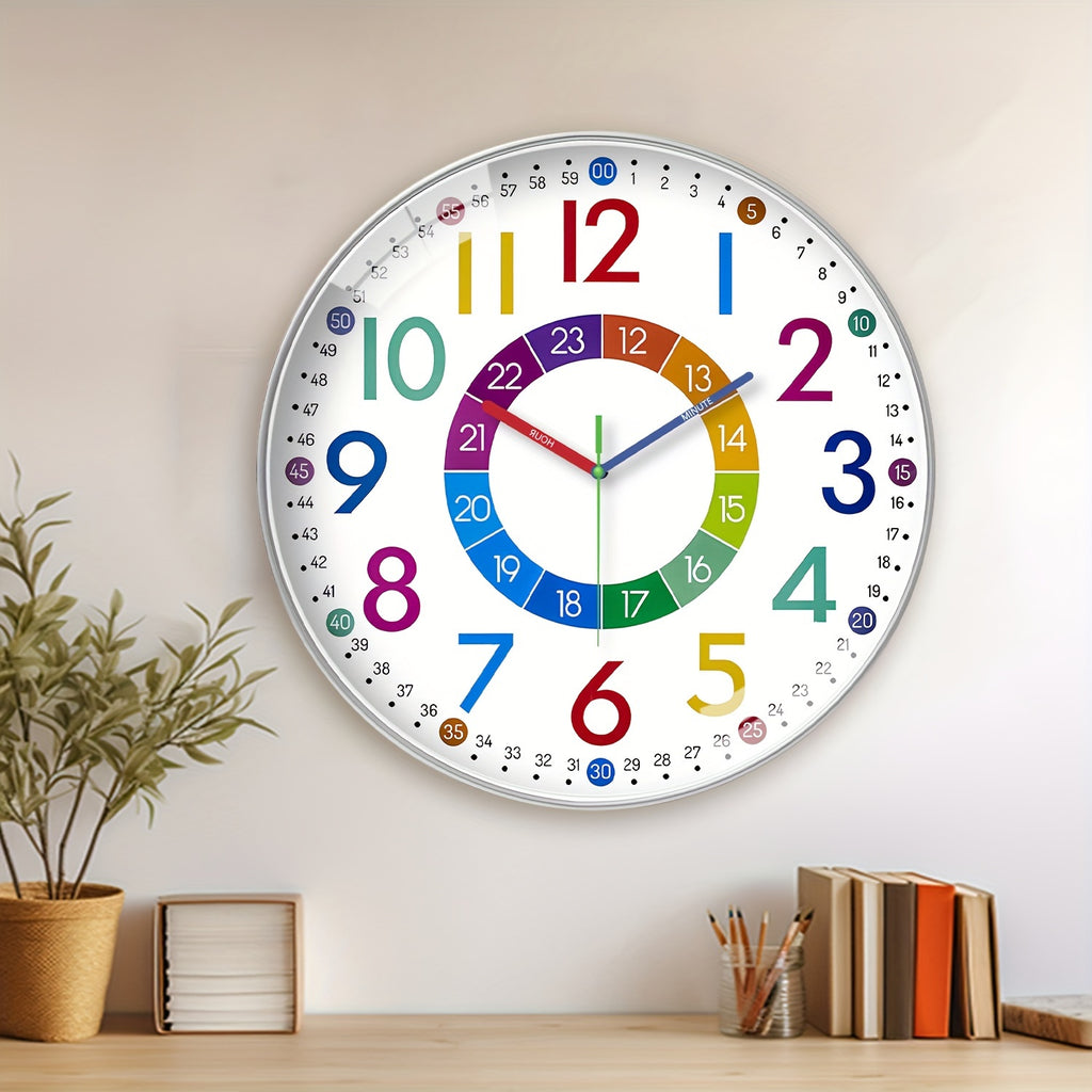 Learning Wall Clock for Kids, Colorful 8 10 or 12 Inch Time-Telling Teaching Clock with Silent Quartz Movement and Plastic Frame for Bedroom and Classroom